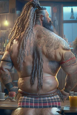 full body shot back view photography of a burly stocky giant gipsy lumberjack tattoed 55 years old , in italian restaurant, shirtless with swimwear, dreadlocks, long beard, emotive eyes, big shoulders, big fat bump, ambient occlusions, photorealistic