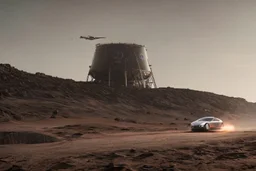 A Tesla 'Model S' is racing at top speed, at the lunar landing site of the 'Apollo 11'. (CINEMATIC, WIDE ANGLE LENS, PHOTO REAL)