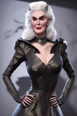 Carmen Dell`orifice as evil queen in black leather gown, angry, busty, curvey, cleavage, unreal 5, octane render,cinema4d, dynamic lighting, dramatic lighting, 4k, redshift render, highly detailed, hyper realistic