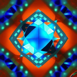 a blue metallic 4d Tesseract inside a 4d orange rotating cube in a four dimension environment