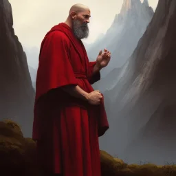 Portrait of a monk, red robe, mountain background, fog, face front, grimdark, Frank Frazetta, Greg Rutkowski, hyperdetailed, dnd, trending on Artstation, Splash screen art, dynamic lighting, hyperdetailed, intricately detailed, a masterpiece, 8k resolution, high contrast, bearded,