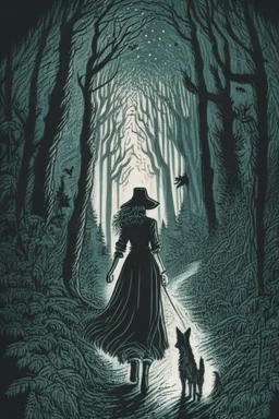 in the style of a Henry Justice Ford drawing, a beautiful witch walks through a dark forest, a dog is coming towards her