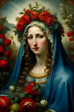 A painting of the Virgin Mary in the pre-Raphaelite painting style mixed with Edvard Munich’s style