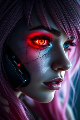 portrait of a woman with half mechanical face and cyborg eyes, glowing red cyber eye, cracked skin, high quality, high details, sharp focus, high contrast, shining and sparkling, dark colors, beautiful girl face pink hair