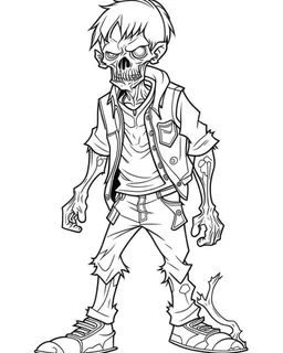 outline art for halloween coloring pages for kids with cartoon cute zombie , white background, Sketch style, full body, only use outline, clean line art, white background, no shadows and clear and well outlined, coloring page for kids,