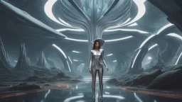 A slim young woman in a silver catsuit with circuitry, standing in a futuristic alien city holding an umbrella shaped like a mushroom with tentacles