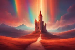 A surreal landscape where an old medieval tower radiates with orange and red hues, iridescent and rainbow effects fusing CosmicLumina and SkyDancer, ethereal ambiance