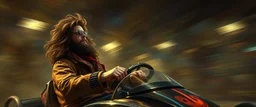 gokart mozart and stevie wonder bewildered looks beyond really powerful, fantasy illustration in the style of Rembrandt, motion blur background