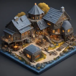 a Detailed Model of diagrams and instructions for creating digital houses. A detailed isometric digital illustration. The central focus is a miniature, intricately detailed Miniature mine of Dwarf in the Lord of the Rings, pikes, coal, gold, minerals, trolleys