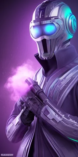 purple galaxy masked super villain, weapons in hands, teal and purple smoke, full portrait, hyper realistic, 4k