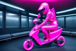 Hyperrealistisch stämmige, üppige Frau völlig verhüllt von pinkfarben glänzendem Ganzkörper-Zentai mit geschlossenem Visier in pinkfarbenem, geschlossenem Helm fährt pinkfarbenen Elektro Scooter