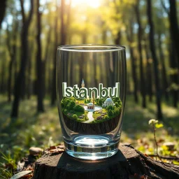 Create hyper-realistic photo of a glass tumbler in a wild forest. Inside, a miniature [Istanbul] with landmarks. A trasparrent 3D text of [Istanbul] blends naturally into the landscape . Soft bright daylight, reflections, and subtle imperfections like fingerprints. DSLR quality, sharp focus.