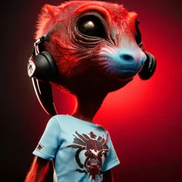 A detailed avatar portrait cute alien animal Figure in a provocative pose holding a symbol of power and wearing headphones Raw gritty Gothic t-shirt design Dark reds and blacks bright bloody red background Distorted or blurred splash imagery that suggests violence and chaos t-shirt design 3D vector art