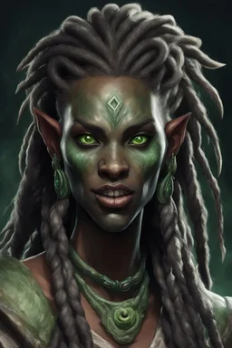 generate a dungeons and dragons character portrait of a female beast-human with black skin, dreadlocks, green piercing eyes, fangs and a thick nose