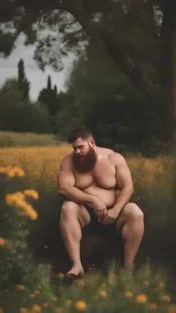 full figure photography, shy muscular big fat chubby, 35mm lens, burly italian man short hair, 25 years old sitting in the meadow with a flower in a hand, near a big farm , red short beard, shirtless, hairy armpits, manly armpits, ugly, manly chest, hairy chest, big shoulders, , huge belly, manly chest, shirtless, with boxer, emotive eyes looking at camera, photorealistic ,sunlight , ambient occlusion, side view, poetic composition, golden ratio