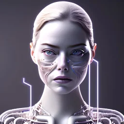 complex 3d render ultra detailed of a beautiful porcelain profile Emma stone Android face, cyborg, robotic parts, 150 mm, beautiful studio soft light, rim light, vibrant details, luxurious cyberpunk, lace, hyperrealistic, anatomical, facial muscles, cable electric wires, microchip, elegant, beautiful background, octane render, H.R. Giger style, 8k