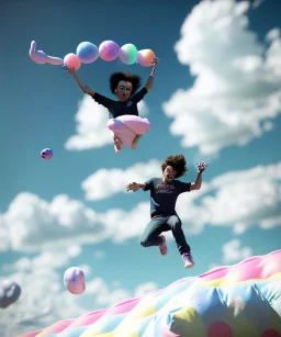 Ultra realistic clouds sky scene, wide angle, sweet childs falling down, man playing guitar, inflatable color clothing, free jumping flying, many trinkets, monster hair, hair monster, many jelly beans, balls, smile, happy, circus style, extreme, wind, clouds sea, 20,000 feet altitude, stratosphere, soft color, highly detailed, unreal engine 5, ray tracing, RTX, lumen lighting, ultra detail, volumetric lighting, 3d, finely drawn, high definition, high resolution.