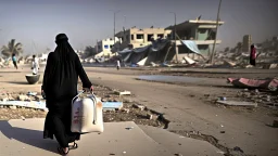 A Palestinian woman wearing a dress carrying very large bags of flour on her back, bending her back down in the destroyed Gaza City, and aid boxes descending from planes near the sea, with a large number of children looking up.