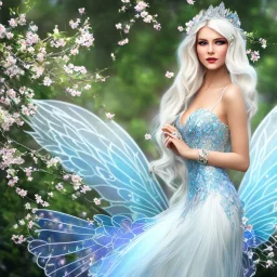 Fantasy fairy with transparent wings, smiling, make up, long platinum blond hair with crown and flowers, blue dress, flowering background