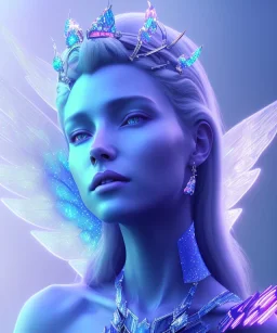 A crystalised queen, atmospheric, realistic, unreal engine, cinematic lighting, octane render. blue, pink, transparency, light, shine,bright, full body, transparent wings, blonde, long hair, smile