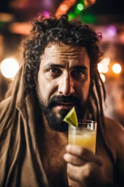 half figure photography of a rastaman chubby muscular strong 39-year-old arab in a discoteque, ajar mouth, shirtless, short beard, bald, drinking cocktail, manly chest, very hairy, side light, view from the ground