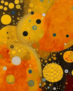 A yellow galaxy with planets and stars painted by Gustav Klimt