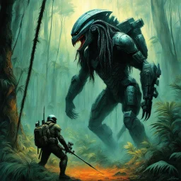 the predator is about to eat the soldier: (art by John Paul Leon and Zdzislaw Beksinski) in the jungle tactic squadron member trained to kill PREDATORS, helicopterus alien