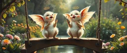 two totally symmetric fluffy angel gremlin slug nice cheerleader singing on bridge in garden , full body portrait T-pose strong aura, oil painting and air brush, in swing