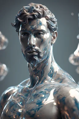 AI 3D glass marble male figure art realisticv2 surrealism 4k resolution octane render volumetric lighting Greek symbol Mu on chest