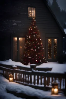 dark house wall with alluminatedwimdow, looking in, big christmas tree,lights,presents,dar red and greenand gold, snow outside the windw