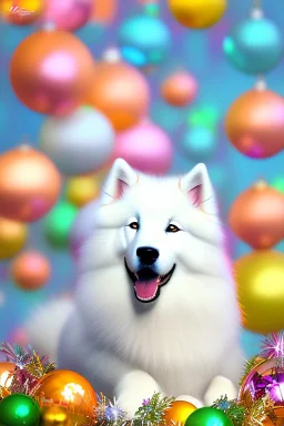 Cute, fluffy, happy looking white Samoyed dog, colorful, summer, festive atmosphere, detailed, congratulating