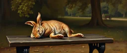 master oil painting by Rembrandt, gremlin rabbit sleeping on a bench in the park