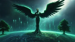 matrix universe, space, planets, god creation, angels from other dimensions with beautiful wings, trees on the planet, behind green crystals of light, few tiberium monolith deposits on the planet near tree,