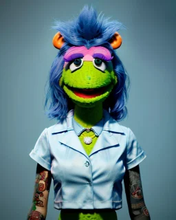 hybrid character, waitress sexy woman with monster muppet mask that covers her entire head, sweet punk, short shirt, tray, old school tattoo, retro style, Sesame Street style, hot, smooth, unreal engine 5, god lights, ray tracing, RTX, lumen lighting, ultra detail, volumetric lighting, 3d.