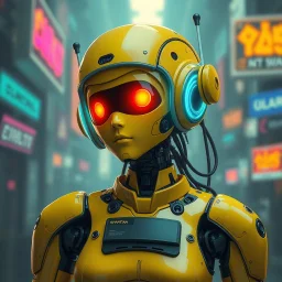 a feminine android robot, yellow, dystopia, cyberpunk, neon vintage anime