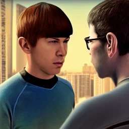 Young James T. Kirk, with Young Spock, in the style of GTA III, realistic, 8k, cinematic, dramatic light, full body, cinematic, photo realistic, portrait Photography, Depth of Field, hyper-detailed, beautifully color-coded, insane details, intricate details, beautifully color graded, Cinematic, Color Grading, Editorial Photography, Photography, Photoshoot, Shot on 85mm lens, Shutter Speed 1/500, F/2,