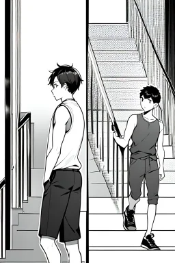 a boy in shorts sleeveless shirt climbs the stairs, greyscale