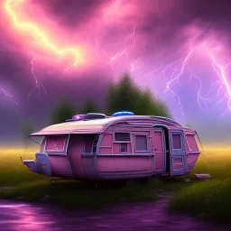 An old caravan at the bottom of an streaming river, lots of clouds within neon lights, thunder