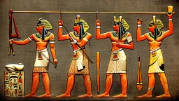 Ancient Egyptian soldiers tying large bags