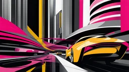 (hustle and bustle:55), (loop kick:10), (deconstruct:28), retro futurism style, urban canyon, cars of future, oncoming, smooth curves, swirl dynamics, great verticals, great parallels, amazing reflections, excellent translucency, hard edge, colors of metallic grey and warm yellow and lollipop pink