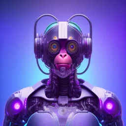 A beautiful portrait of a cyborg monkey purple neon color scheme, high key lighting, volumetric light high details psychedelic background