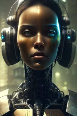 portrait,beautiful brown hair african robot, post-apocalyptic in a cyberpunk city, realistic, intriacte detail, sci-fi fantasy style, volumetric lighting, particales,highly detailed,cinamatic, deep colours,8k