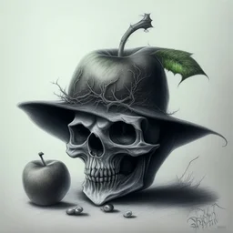 Realistic drawing of a Skull with a Witch hat, Skull has ghost eyes and is eating from a poison apple.