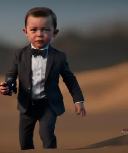 James bond toddler, full body, gun, car, dramatic lighting, hyper realistic