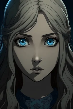 Berserk artstyle of a gothic female with heavy eye bags and long, wavy light hair and blue eyes. 4k quality