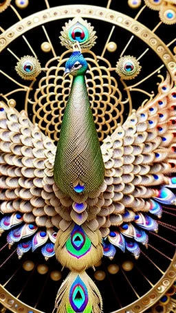 huge red gold black peacock, with clockwork gear on its back, symmetric, mandala, hyper realistic, futuristic, unreal engine5, octane render, 3D rendering, white background, digital art, in the style of Android Jones, mechanism, engine parts, vivid colours, side light, 16k