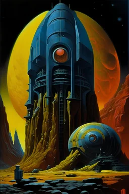 A dark fantasy painting of a great monolithic machine encased in stone 10,000 years in the future,dark fantasy art or sci-fi, 1970s dark fantasy book cover art 70s dark fantasy art, bold colours