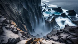 This mesmerizing ocean cliff scene captures the dramatic power and beauty of nature. Towering rugged cliffs stand majestically against the vast expanse of the ocean, where the water pours into a singular bottomless pit. The cliffs, with their sharp and jagged edges, create a stark contrast to the rough, flowing water, making the scene even more captivating. Sunlight pierces through the mist rising from the waterfalls, creating a magical, ethereal atmosphere