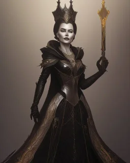 old evil queen in black leather gown, femme fatale, volouptous, busty, cleavage, angry, emperious, 8k resolution concept art portrait by Greg Rutkowski,