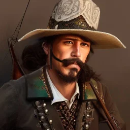 portrait,"Insanely detailed photograph of a male western mustachioed crossbowman", detailed charro and Sombrero, digital painting,eye patch, cigar, artstation, concept art, sharp focus, illustration, art by artgerm and greg rutkowski and alphonse mucha, 8 k,fantasy, unreal engine